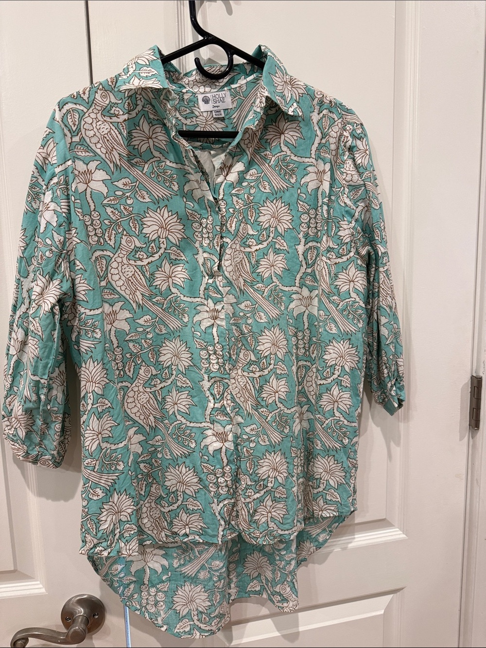 Holly Shae One size Light Teal Floral Bird top tunic longer in back lined